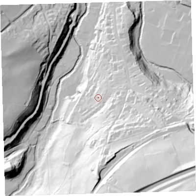 Shaded relief map of the ground around EX201EE, computed from Environment Agency LiDAR. The ground here sits at about 181 m above sea level and falls 113 m across the surrounding 800 m. Surface water reaching this point runs off ground lying to the south-south-east, 19.8 m higher.