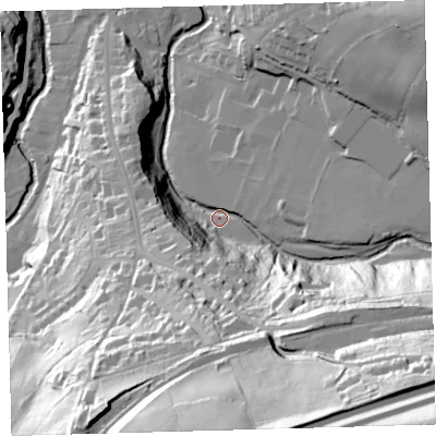 Shaded relief map of the ground around EX201EP, computed from Environment Agency LiDAR. The ground here sits at about 162 m above sea level and falls 115 m across the surrounding 800 m. Surface water reaching this point runs off ground lying to the south-south-east, 92.2 m higher.