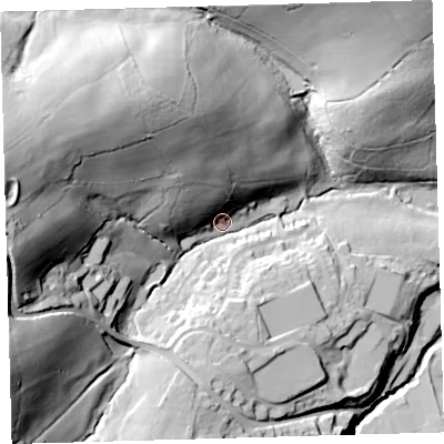 Shaded relief map of the ground around EX201ER, computed from Environment Agency LiDAR. The ground here sits at about 161 m above sea level and falls 76 m across the surrounding 800 m. Surface water reaching this point runs off ground lying to the west-north-west, 61.7 m higher.