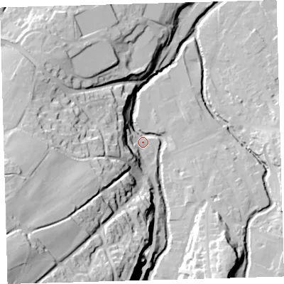 Shaded relief map of the ground around EX201ES, computed from Environment Agency LiDAR. The ground here sits at about 151 m above sea level and falls 75 m across the surrounding 800 m. Surface water reaching this point runs off ground lying to the south-west, 71.3 m higher.