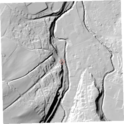 Shaded relief map of the ground around EX201ET, computed from Environment Agency LiDAR. The ground here sits at about 155 m above sea level and falls 72 m across the surrounding 800 m. Surface water reaching this point runs off ground lying to the south-west, 54.6 m higher.