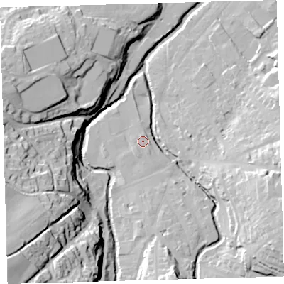 Shaded relief map of the ground around EX201EU, computed from Environment Agency LiDAR. The ground here sits at about 151 m above sea level and falls 58 m across the surrounding 800 m. Surface water reaching this point runs off ground lying to the south-south-west, 1.4 m higher.