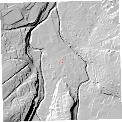 Shaded relief map of the ground around EX201EX, computed from Environment Agency LiDAR. The ground here sits at about 154 m above sea level and falls 61 m across the surrounding 800 m. Surface water reaching this point runs off ground lying to the south, 23.5 m higher.