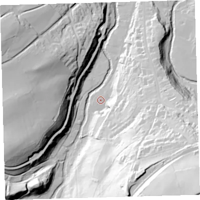 Shaded relief map of the ground around EX201FA, computed from Environment Agency LiDAR. The ground here sits at about 159 m above sea level and falls 103 m across the surrounding 800 m. Surface water reaching this point runs off ground lying to the south-east, 45.4 m higher.