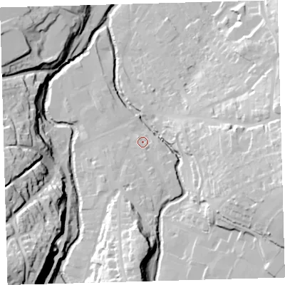 Shaded relief map of the ground around EX201FD, computed from Environment Agency LiDAR. The ground here sits at about 153 m above sea level and falls 55 m across the surrounding 800 m. Surface water reaching this point runs off ground lying to the south-south-east, 3.8 m higher.