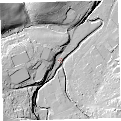 Shaded relief map of the ground around EX201FN, computed from Environment Agency LiDAR. The ground here sits at about 148 m above sea level and falls 56 m across the surrounding 800 m. Surface water reaching this point runs off ground lying to the south-west, 41.6 m higher.