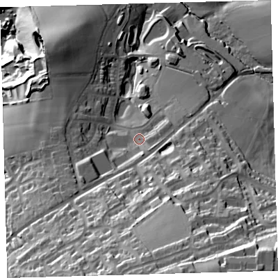 Shaded relief map of the ground around EX201GJ, computed from Environment Agency LiDAR. The ground here sits at about 177 m above sea level and falls 74 m across the surrounding 800 m. Surface water reaching this point runs off ground lying to the south-east, 5.0 m higher.