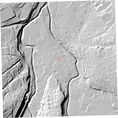 Shaded relief map of the ground around EX201GS, computed from Environment Agency LiDAR. The ground here sits at about 154 m above sea level and falls 57 m across the surrounding 800 m. Surface water reaching this point runs off ground lying to the south, 20.5 m higher.