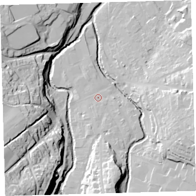 Shaded relief map of the ground around EX201HB, computed from Environment Agency LiDAR. The ground here sits at about 153 m above sea level and falls 60 m across the surrounding 800 m. Surface water reaching this point runs off ground lying to the south, 3.0 m higher.