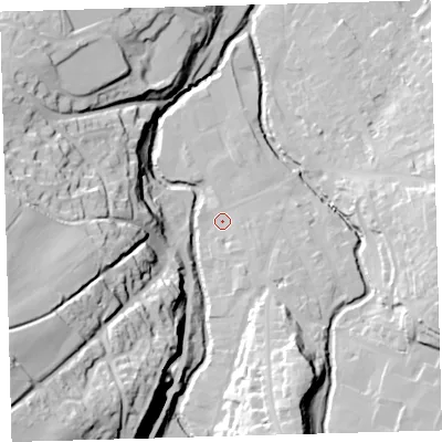 Shaded relief map of the ground around EX201HG, computed from Environment Agency LiDAR. The ground here sits at about 152 m above sea level and falls 65 m across the surrounding 800 m. Surface water reaching this point runs off ground lying to the south-east, 4.5 m higher.