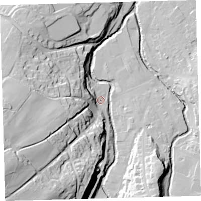 Shaded relief map of the ground around EX201HH, computed from Environment Agency LiDAR. The ground here sits at about 152 m above sea level and falls 73 m across the surrounding 800 m. Surface water reaching this point runs off ground lying to the south-west, 63.8 m higher.