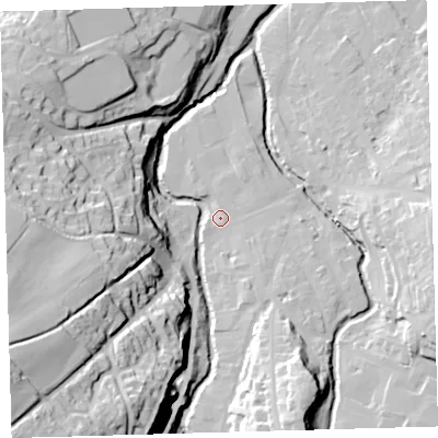Shaded relief map of the ground around EX201HJ, computed from Environment Agency LiDAR. The ground here sits at about 151 m above sea level and falls 65 m across the surrounding 800 m. Surface water reaching this point runs off ground lying to the south-south-east, 7.0 m higher.