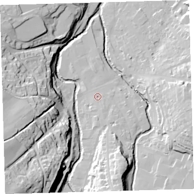 Shaded relief map of the ground around EX201HL, computed from Environment Agency LiDAR. The ground here sits at about 153 m above sea level and falls 63 m across the surrounding 800 m. Surface water reaching this point runs off ground lying to the south-south-east, 3.4 m higher.