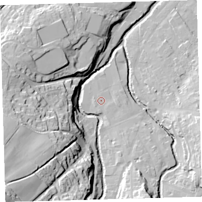 Shaded relief map of the ground around EX201HN, computed from Environment Agency LiDAR. The ground here sits at about 150 m above sea level and falls 69 m across the surrounding 800 m. Surface water reaching this point runs off ground lying to the south-east, 2.2 m higher.