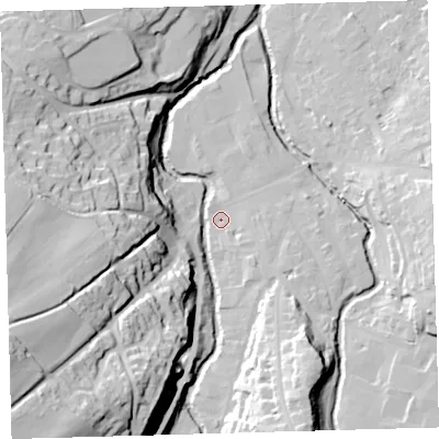 Shaded relief map of the ground around EX201HQ, computed from Environment Agency LiDAR. The ground here sits at about 151 m above sea level and falls 66 m across the surrounding 800 m. Surface water reaching this point runs off ground lying to the south-east, 4.5 m higher.