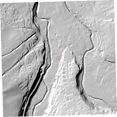 Shaded relief map of the ground around EX201HT, computed from Environment Agency LiDAR. The ground here sits at about 155 m above sea level and falls 62 m across the surrounding 800 m. Surface water reaching this point runs off ground lying to the south-south-east, 18.9 m higher.