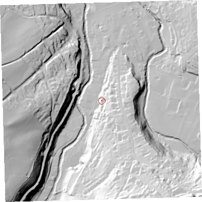 Shaded relief map of the ground around EX201HX, computed from Environment Agency LiDAR. The ground here sits at about 161 m above sea level and falls 72 m across the surrounding 800 m. Surface water reaching this point runs off ground lying to the south-south-east, 58.5 m higher.
