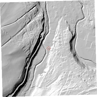 Shaded relief map of the ground around EX201HZ, computed from Environment Agency LiDAR. The ground here sits at about 157 m above sea level and falls 75 m across the surrounding 800 m. Surface water reaching this point runs off ground lying to the south-south-east, 60.7 m higher.