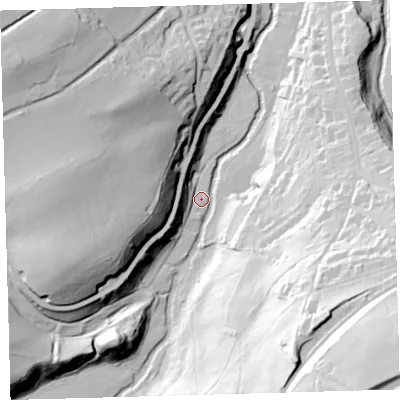 Shaded relief map of the ground around EX201JA, computed from Environment Agency LiDAR. The ground here sits at about 159 m above sea level and falls 103 m across the surrounding 800 m. Surface water reaching this point runs off ground lying to the south-south-east, 75.7 m higher.