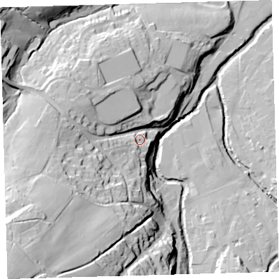 Shaded relief map of the ground around EX201JH, computed from Environment Agency LiDAR. The ground here sits at about 160 m above sea level and falls 75 m across the surrounding 800 m. Surface water reaching this point runs off ground lying to the south-west, 59.3 m higher.