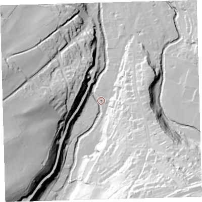 Shaded relief map of the ground around EX201JX, computed from Environment Agency LiDAR. The ground here sits at about 156 m above sea level and falls 74 m across the surrounding 800 m. Surface water reaching this point runs off ground lying to the south-south-east, 60.7 m higher.