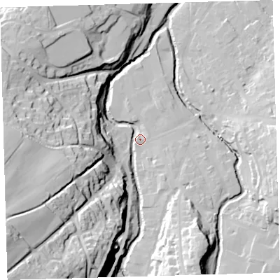 Shaded relief map of the ground around EX201JZ, computed from Environment Agency LiDAR. The ground here sits at about 151 m above sea level and falls 67 m across the surrounding 800 m. Surface water reaching this point runs off ground lying to the south-west, 62.5 m higher.