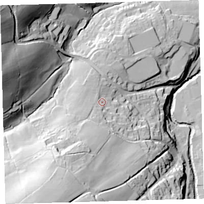 Shaded relief map of the ground around EX201LF, computed from Environment Agency LiDAR. The ground here sits at about 176 m above sea level and falls 84 m across the surrounding 800 m. Surface water reaching this point runs off ground lying to the south-south-west, 27.1 m higher.