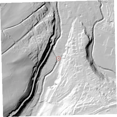 Shaded relief map of the ground around EX201LH, computed from Environment Agency LiDAR. The ground here sits at about 157 m above sea level and falls 78 m across the surrounding 800 m. Surface water reaching this point runs off ground lying to the south-south-east, 63.5 m higher.