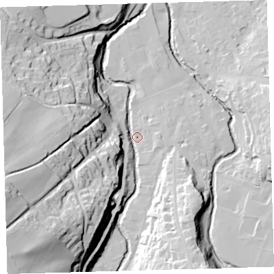 Shaded relief map of the ground around EX201LJ, computed from Environment Agency LiDAR. The ground here sits at about 152 m above sea level and falls 66 m across the surrounding 800 m. Surface water reaching this point runs off ground lying to the south-west, 54.6 m higher.