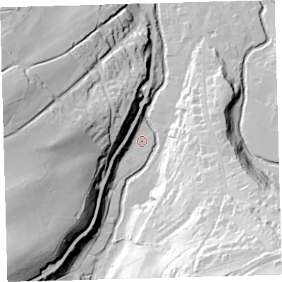 Shaded relief map of the ground around EX201LL, computed from Environment Agency LiDAR. The ground here sits at about 157 m above sea level and falls 79 m across the surrounding 800 m. Surface water reaching this point runs off ground lying to the west-south-west, 56.7 m higher.