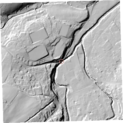 Shaded relief map of the ground around EX201LQ, computed from Environment Agency LiDAR. The ground here sits at about 147 m above sea level and falls 66 m across the surrounding 800 m. Surface water reaching this point runs off ground lying to the south-west, 62.7 m higher.