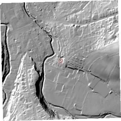 Shaded relief map of the ground around EX201PR, computed from Environment Agency LiDAR. The ground here sits at about 159 m above sea level and falls 63 m across the surrounding 800 m. Surface water reaching this point runs off ground lying to the east, 49.7 m higher.