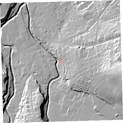 Shaded relief map of the ground around EX201PS, computed from Environment Agency LiDAR. The ground here sits at about 158 m above sea level and falls 61 m across the surrounding 800 m. Surface water reaching this point runs off ground lying to the east, 51.0 m higher.