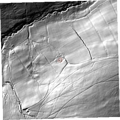 Shaded relief map of the ground around EX201QR, computed from Environment Agency LiDAR. The ground here sits at about 354 m above sea level and falls 103 m across the surrounding 800 m. Surface water reaching this point runs off ground lying to the south-east, 11.3 m higher.
