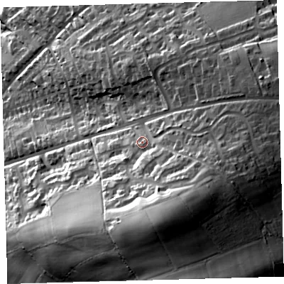 Shaded relief map of the ground around EX201QS, computed from Environment Agency LiDAR. The ground here sits at about 209 m above sea level and falls 84 m across the surrounding 800 m. Surface water reaching this point runs off ground lying to the south-east, 23.4 m higher.