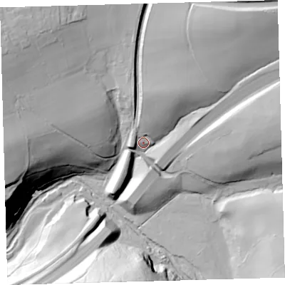 Shaded relief map of the ground around EX201QT, computed from Environment Agency LiDAR. The ground here sits at about 203 m above sea level and falls 62 m across the surrounding 800 m. Surface water reaching this point runs off ground lying to the north-east, 35.1 m higher.