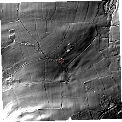 Shaded relief map of the ground around EX201QY, computed from Environment Agency LiDAR. The ground here sits at about 309 m above sea level and falls 80 m across the surrounding 800 m. Surface water reaching this point runs off ground lying to the south-south-west, 29.4 m higher.