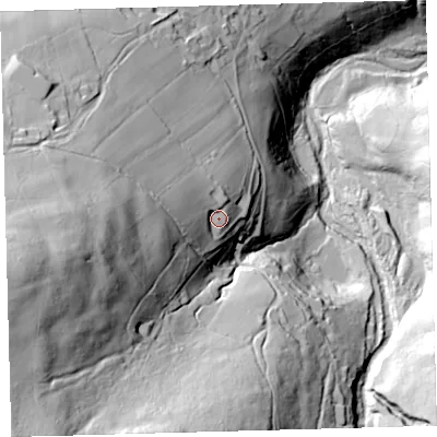 Shaded relief map of the ground around EX201QZ, computed from Environment Agency LiDAR. The ground here sits at about 321 m above sea level and falls 129 m across the surrounding 800 m. Surface water reaching this point runs off ground lying to the west-south-west, 56.0 m higher.