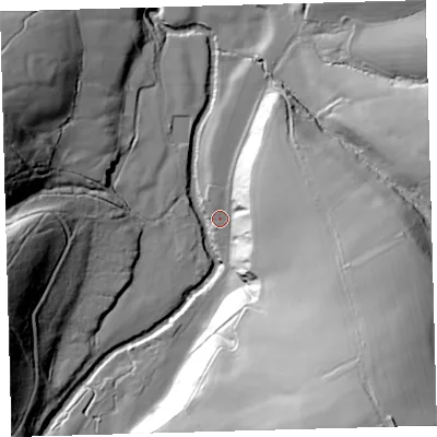 Shaded relief map of the ground around EX201RP, computed from Environment Agency LiDAR. The ground here sits at about 127 m above sea level and falls 79 m across the surrounding 800 m. Surface water reaching this point runs off ground lying to the south-east, 65.9 m higher.