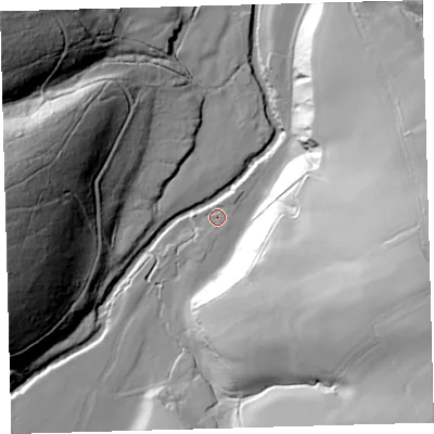 Shaded relief map of the ground around EX201RR, computed from Environment Agency LiDAR. The ground here sits at about 128 m above sea level and falls 76 m across the surrounding 800 m. Surface water reaching this point runs off ground lying to the south-south-east, 33.9 m higher.