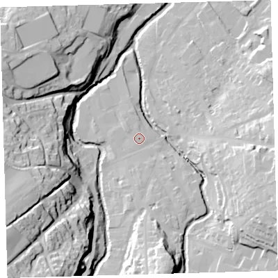 Shaded relief map of the ground around EX201SR, computed from Environment Agency LiDAR. The ground here sits at about 152 m above sea level and falls 57 m across the surrounding 800 m. The ground contributing surface water to this point lies to the south.