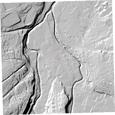 Shaded relief map of the ground around EX201SS, computed from Environment Agency LiDAR. The ground here sits at about 153 m above sea level and falls 60 m across the surrounding 800 m. Surface water reaching this point runs off ground lying to the south, 22.8 m higher.