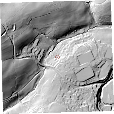 Shaded relief map of the ground around EX201UW, computed from Environment Agency LiDAR. The ground here sits at about 167 m above sea level and falls 90 m across the surrounding 800 m. Surface water reaching this point runs off ground lying to the south-east, 8.5 m higher.
