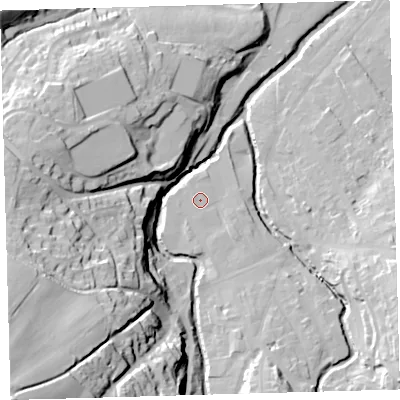 Shaded relief map of the ground around EX201WL, computed from Environment Agency LiDAR. The ground here sits at about 150 m above sea level and falls 67 m across the surrounding 800 m. Surface water reaching this point runs off ground lying to the south-south-east, 2.5 m higher.