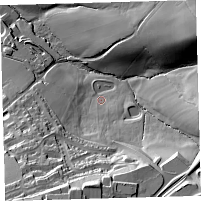 Shaded relief map of the ground around EX201XS, computed from Environment Agency LiDAR. The ground here sits at about 170 m above sea level and falls 64 m across the surrounding 800 m. Surface water reaching this point runs off ground lying to the south, 22.2 m higher.