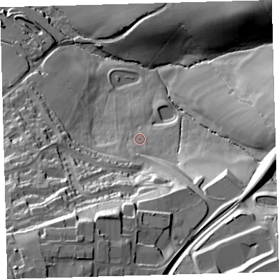 Shaded relief map of the ground around EX201XU, computed from Environment Agency LiDAR. The ground here sits at about 179 m above sea level and falls 69 m across the surrounding 800 m. Surface water reaching this point runs off ground lying to the south-west, 44.6 m higher.