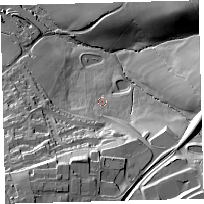 Shaded relief map of the ground around EX201XW, computed from Environment Agency LiDAR. The ground here sits at about 178 m above sea level and falls 69 m across the surrounding 800 m. Surface water reaching this point runs off ground lying to the south-west, 45.5 m higher.