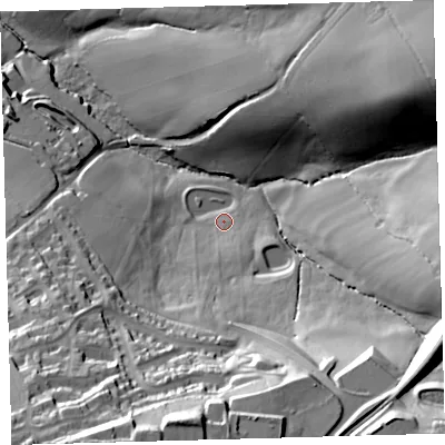 Shaded relief map of the ground around EX201XX, computed from Environment Agency LiDAR. The ground here sits at about 169 m above sea level and falls 63 m across the surrounding 800 m. Surface water reaching this point runs off ground lying to the south-south-west, 50.6 m higher.