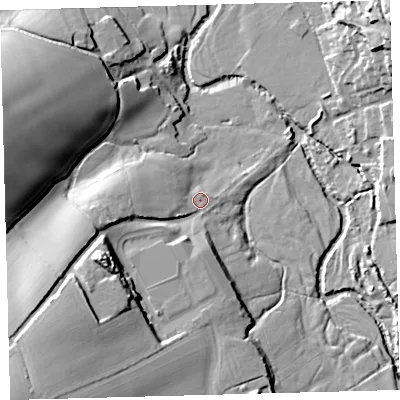 Shaded relief map of the ground around EX202AA, computed from Environment Agency LiDAR. The ground here sits at about 118 m above sea level and falls 32 m across the surrounding 800 m. Surface water reaching this point runs off ground lying to the south-west, 25.5 m higher.