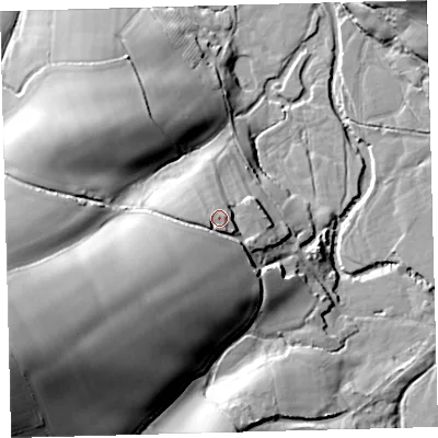 Shaded relief map of the ground around EX202AB, computed from Environment Agency LiDAR. The ground here sits at about 128 m above sea level and falls 47 m across the surrounding 800 m. Surface water reaching this point runs off ground lying to the south-west, 13.7 m higher.